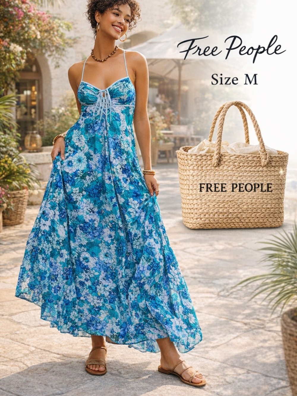Free People Turquoise & Blue Floral Maxi Sundress